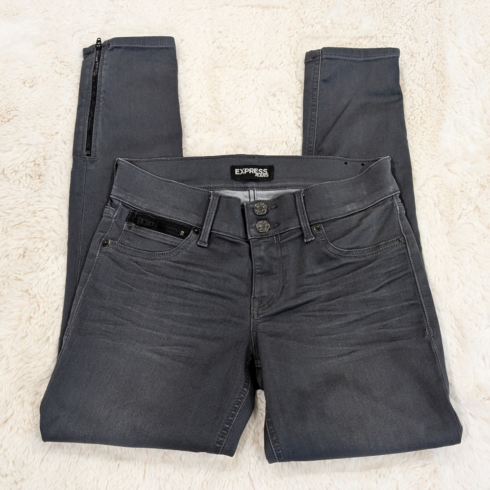 Express Stella Low Rise Gray Ankle Jeans, Zippered Legs